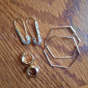 3 Pairs Gold Tone Earrings